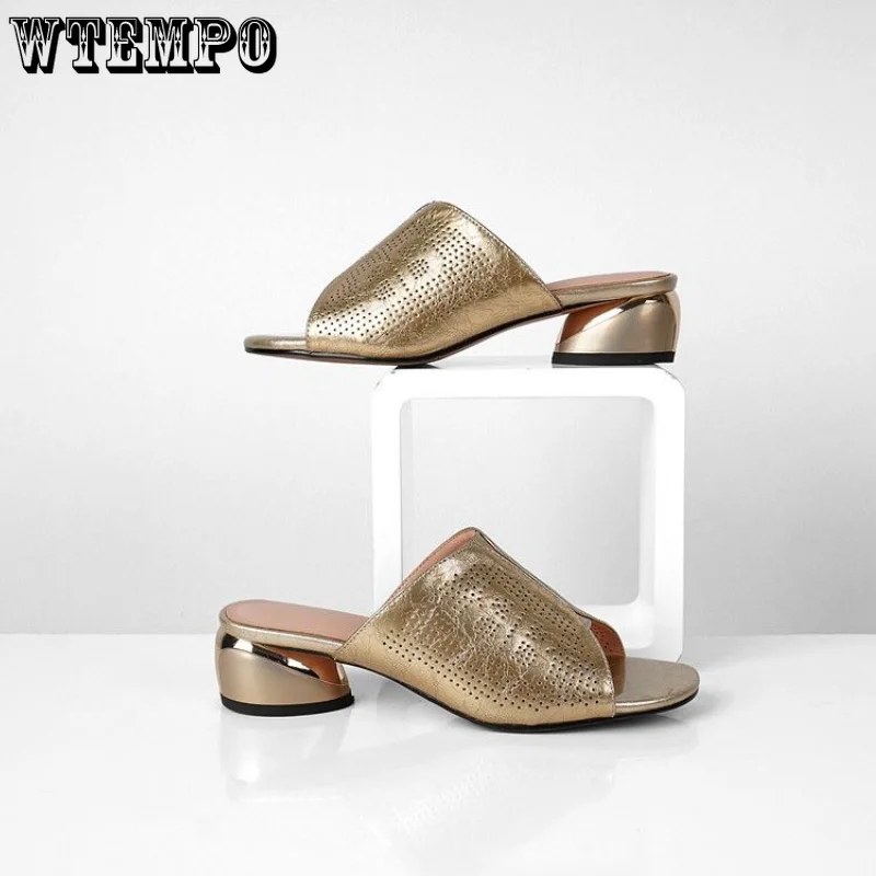 WTEMPO Soft Leather Comfortable Slippers Thick Heels Female High-heeled Sandals Summer Open-toe Antiskid Casual Shoes Wholesale