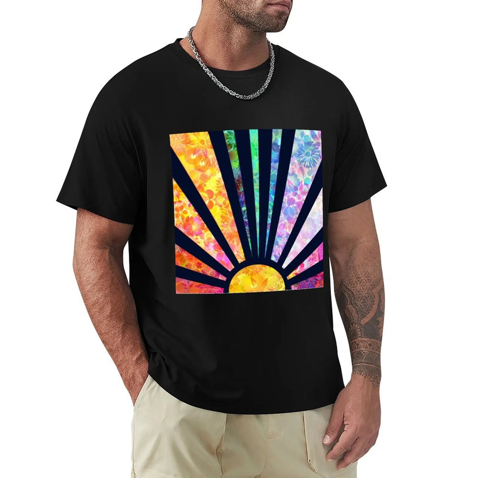 Фото Футболка в стиле бохо, винтажная, радужная, с цветочным принтом, спортивная, базовая, влагоотводящая №1