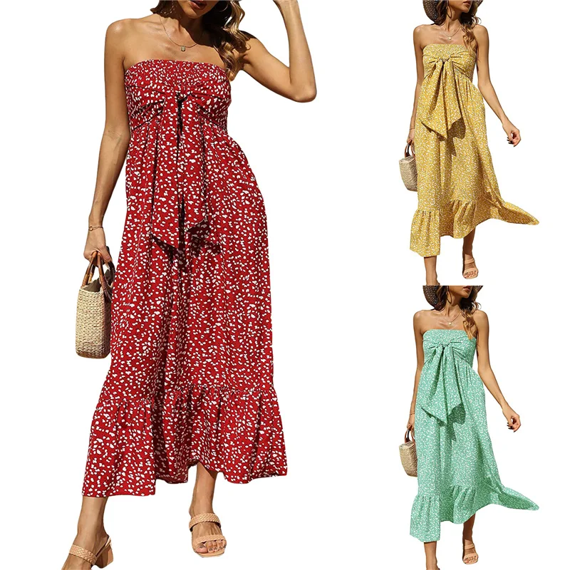 

Women Beach Boho Dress, Sleeveless Off Shoulder Floral Summer Spring Fall Casual Party Club Midi Sundress, Yellow/Red/Green