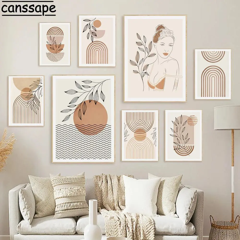 

Настенный постер в стиле бохо с абстрактными линиями, настенные картины на холсте с изображением солнца, растений, скандинавские художеств...