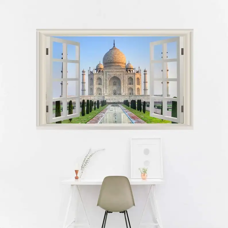 

Taj Mahal Wall Art Decal 3D Window View Sticker Peel and Stick Scenic Mural - VWAQ NWT16