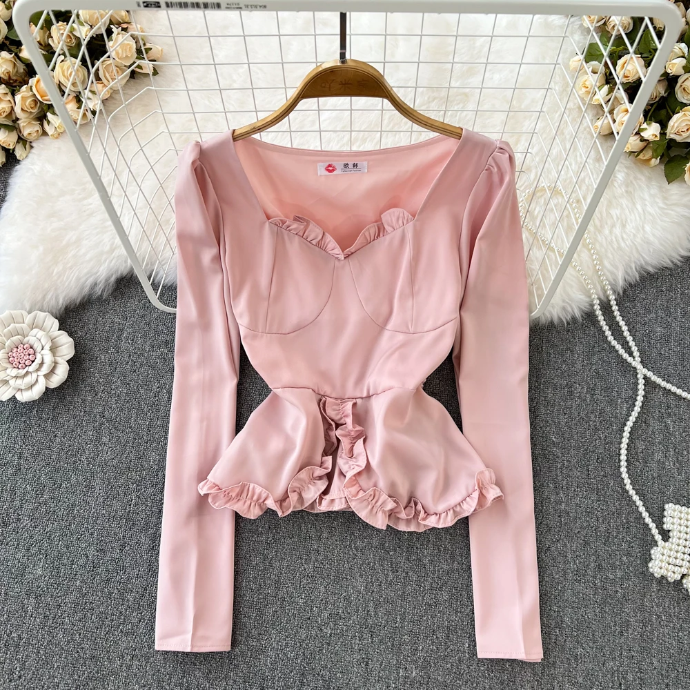 

Retro Court Style Temperament Square Collar Bubble Long-sleeved Self-cultivation Petal Ruffled Shirt Women's Foreign Style Short