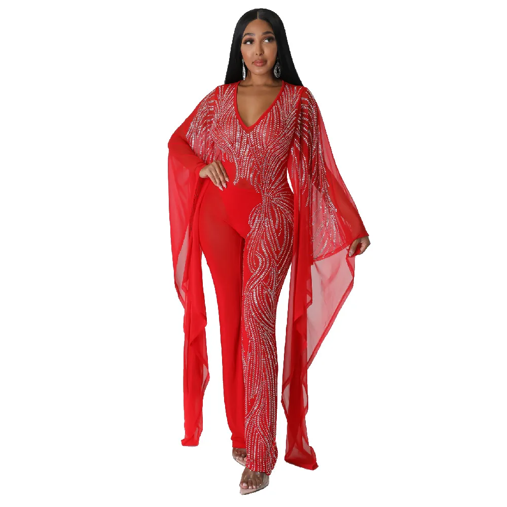 African Jumpsuit 2023 Spring Autumn African Women Sexy Long Sleeve V-neck White Blue Red Black Long Jumpsuit African Clothes