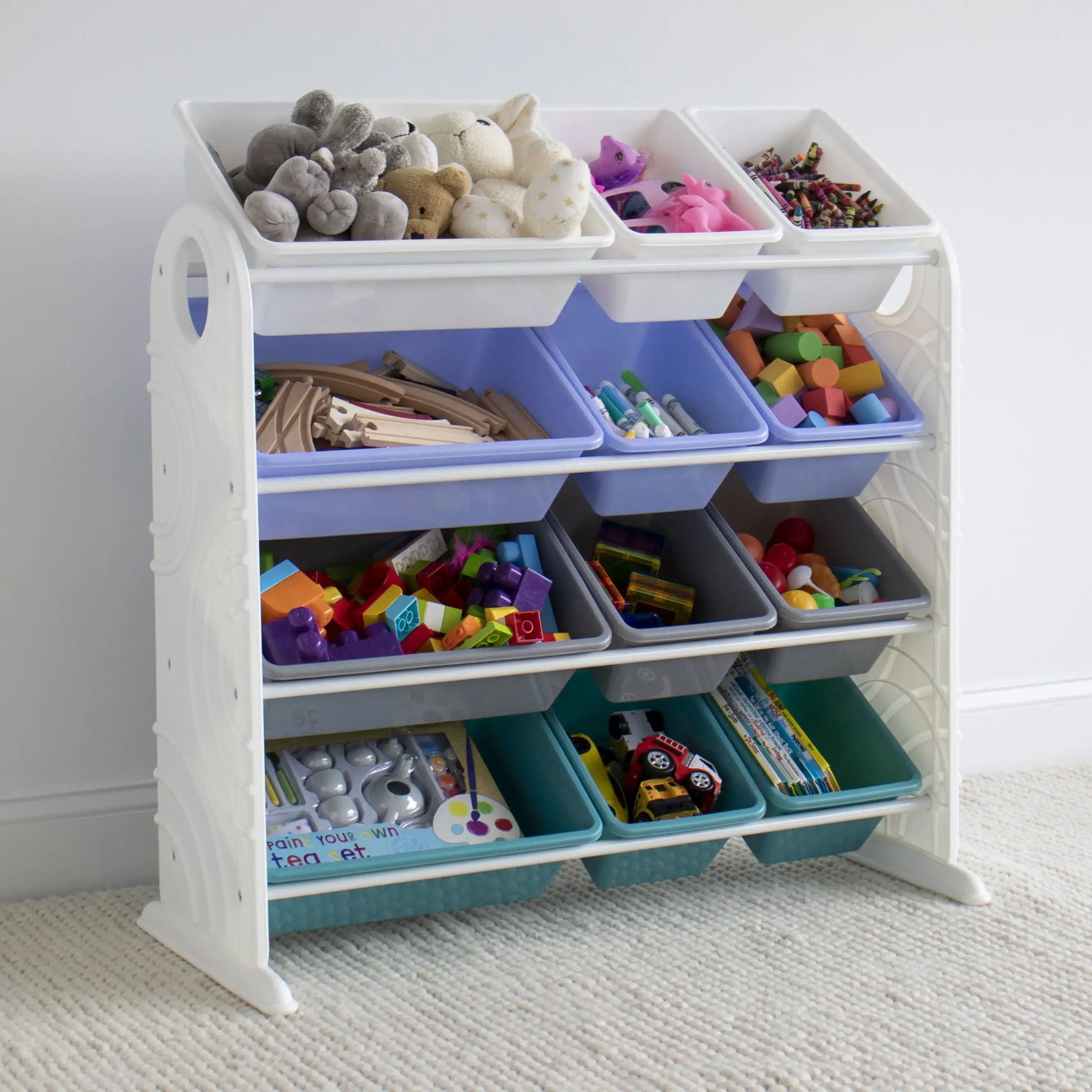 

Детские пластиковые и металлические стеллажи Your Zone для хранения игрушек с 12 ящиками для хранения, синие и серые