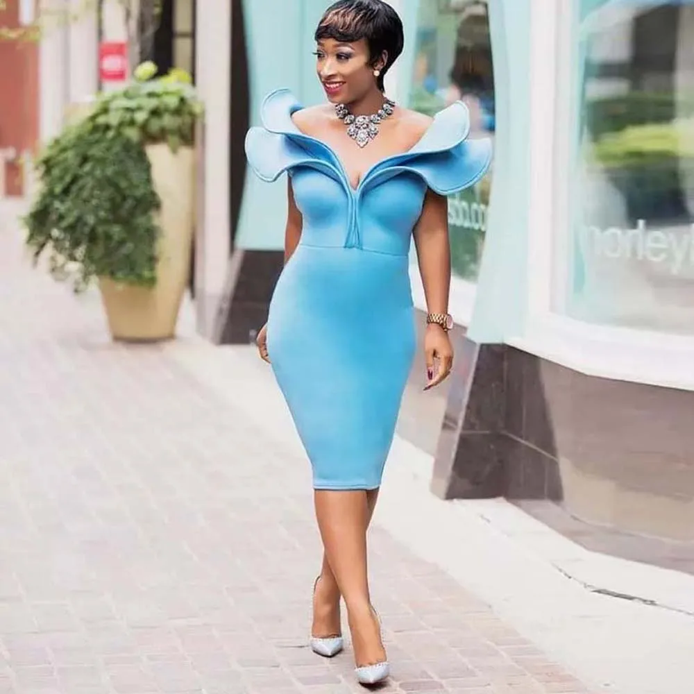 

Elegant Dress Lotus Leaf Short Sleeves Slim Commuter African Fashion Office Lady Work Wear Midi Party Dresses 2022 Summer