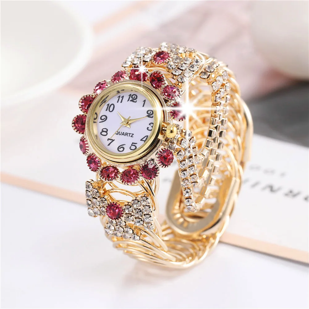 

Women's Rhinestone Inlaid Quartz Bracelet C-shaped Cuff Alloy Birthday Party High-end Jewelry
