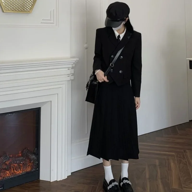 

Осенний корейский женский костюм из двух предметов Y2K, блейзер с отложным воротником и длинная юбка с покрытием, Женский костюм в стиле High Street