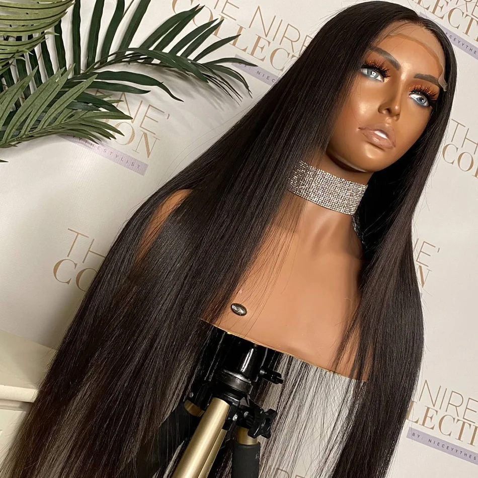 

180%Density 26Inch Long Remy Straight Synthetic Lace Front Wig For Black Women With Baby Hair Heat Resistant Fiber Daily Wig
