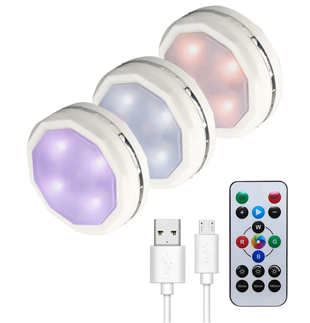 

3/6Pack USB Rechargeable 16Colors LED Puck Lights Dimmable Wireless Portable Counter Kitchen Hallway Closet Cabinet Night Lights