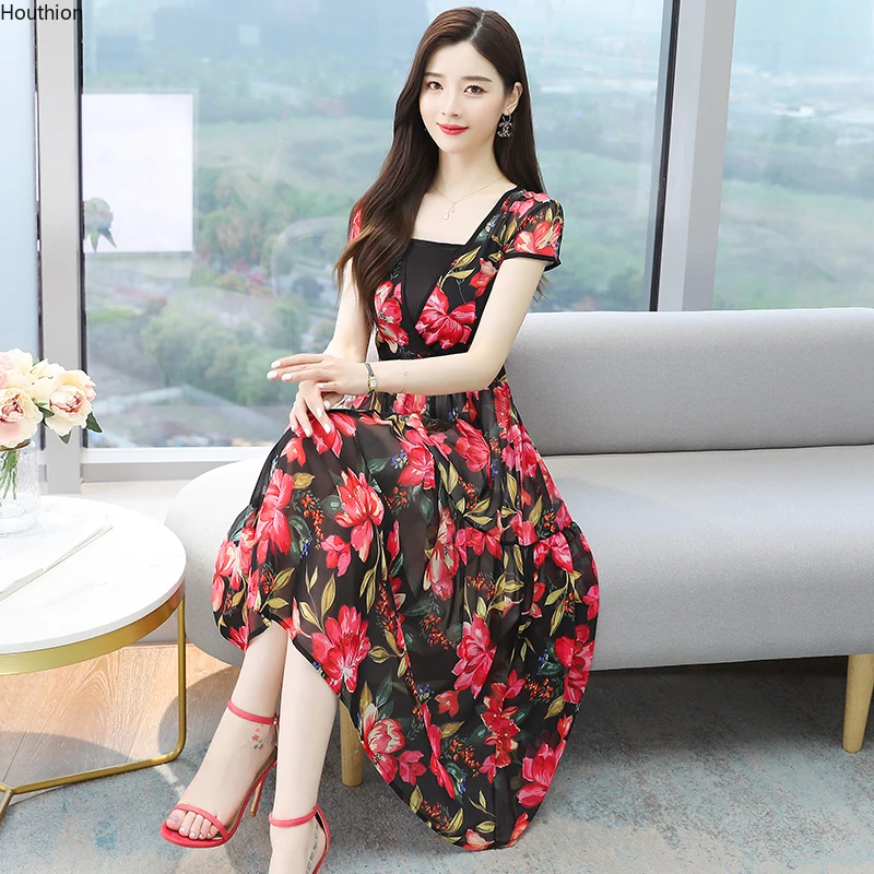 

Chiffon Loose Plus Size Women's Dress New Fashion Dresses V-neck Mid-length Short Sleeve Floral Print Summer Houthion