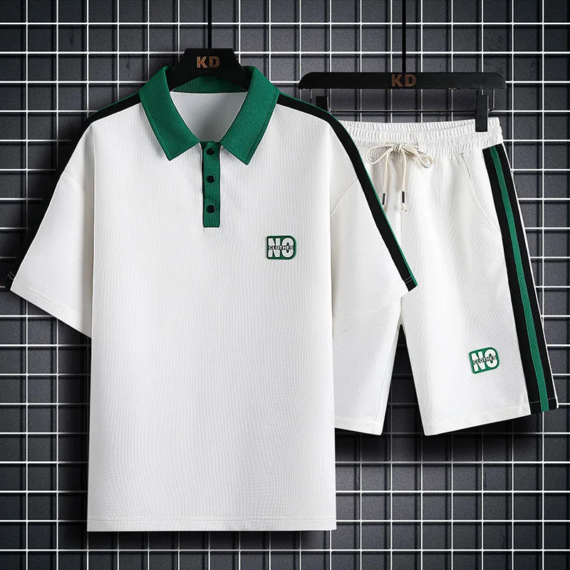 Summer Waffle Men's Sport Suit Summer Casual Polo Shirt Short Sleeve Shorts Fashion Brand Men's Clothing 2023 New