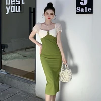 2022 summer new french retro avocado green dress stitching short sleeved slim mid length skirt elegant fashion womens clothing