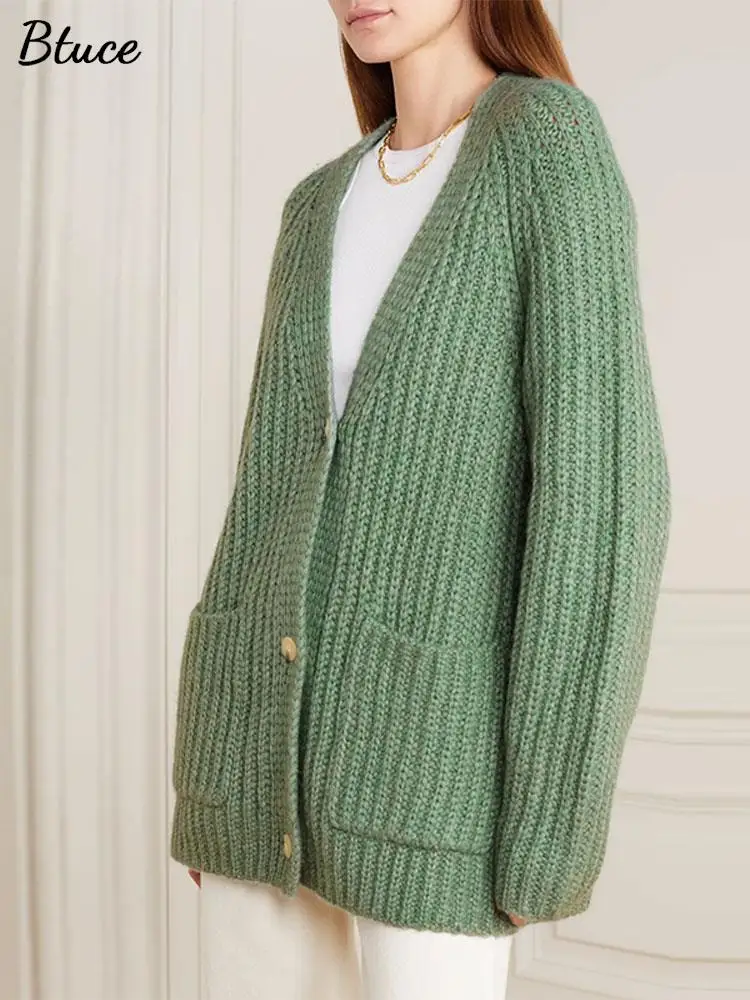 

Women Casual Loose V-Neck Knitted Cardigan Female Solid Long Sleeve Oversized Sweaters 2022 Autumn Winter Lady Cardigans Tops