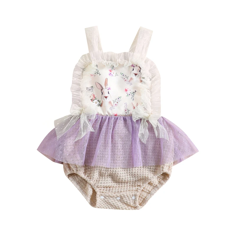 

Easter Baby Bodysuit Summer Casual Toddler Infant Girls Mesh Ruffles Bunny Print Sleeveless Jumpsuit Sunsuit for Toddler Newborn