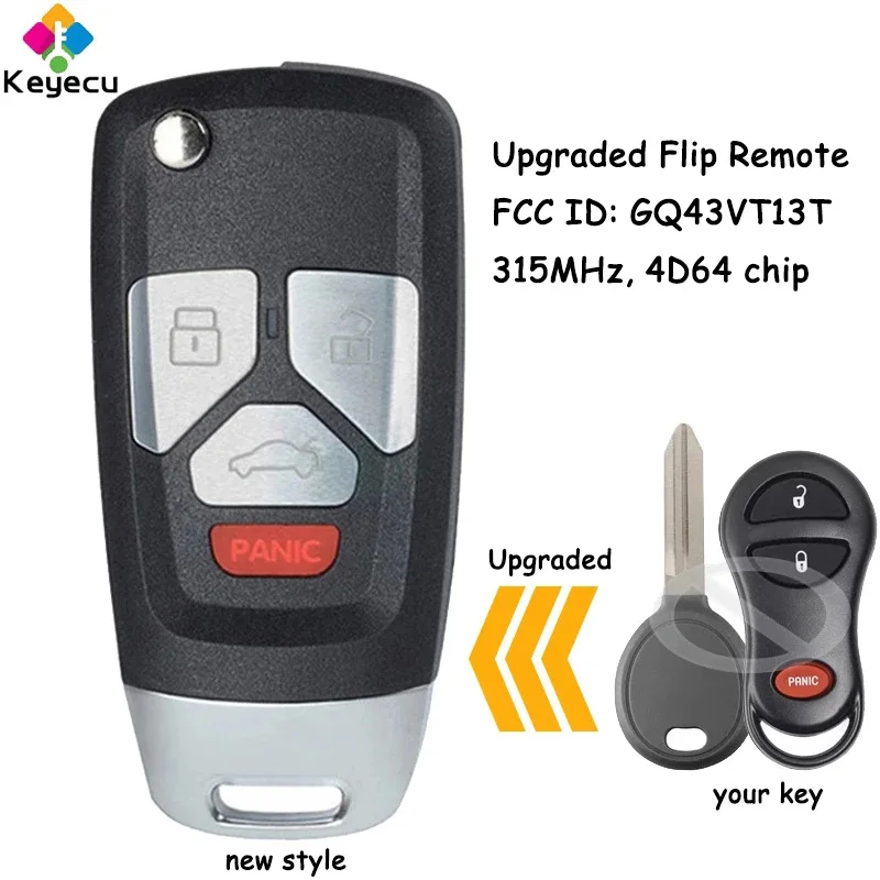 

KEYECU Upgraded Flip Remote Car Key With 315MHz 4D64 Chip for Chrysler PT Cruiser 2001 2002 2003 2004 2005 Fob FCC ID: GQ43VT13T