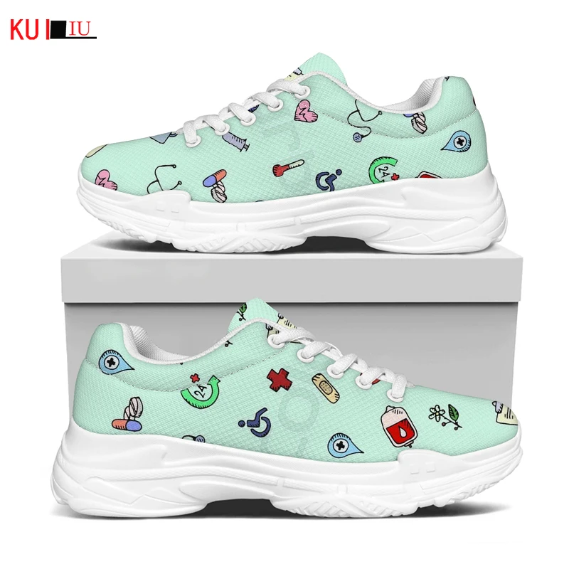 

KUILIU Funny Medical Icons Nurse Women's Shoes Lace Up Ladies Nursing Platform Sneakers Increasing Casual Comfort Flat Mesh Shoe