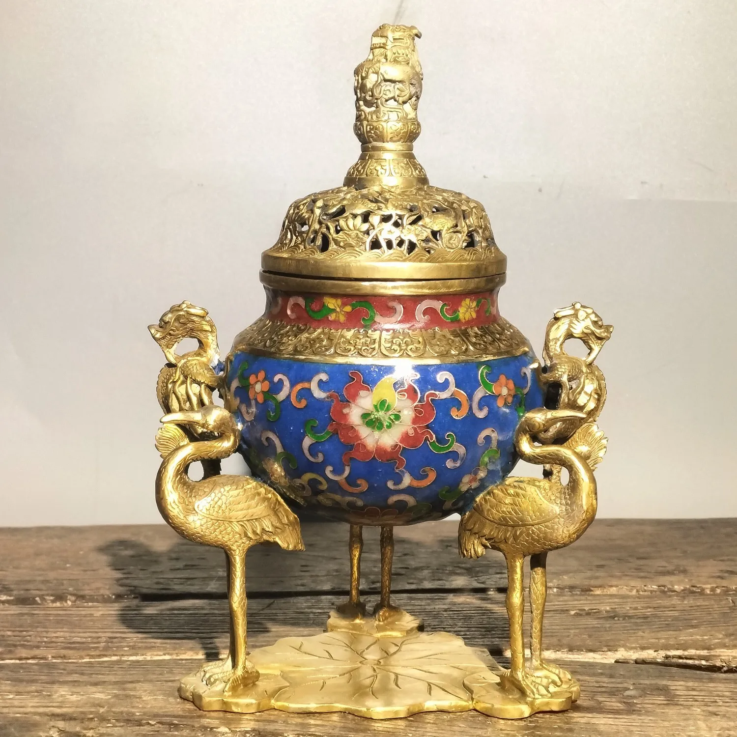 

10" Tibetan Temple Collection Old Bronze Cloisonne Enamel Dragon binaural Crane incense burner ornament Town house Exorcism