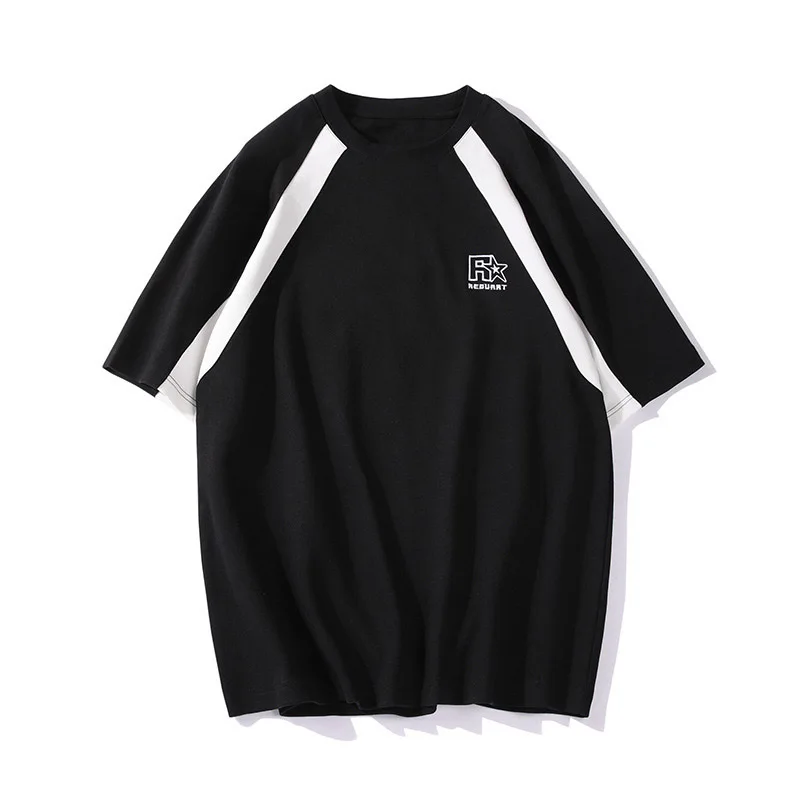 

New Summer Crewneck T-shirt Sleeve Insert Color Stripe Stitching Design Senior Sense Fashion Loose Popular Student Male