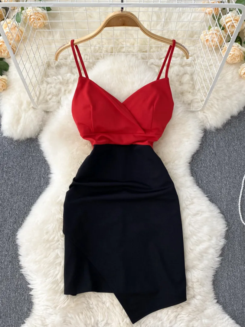 

Sexy Party Dress Color Match V-neck Sleeveless Spaghetti Strap Backless Mini Bodycon Dress Irregular Sheath Club Outfits Vestido
