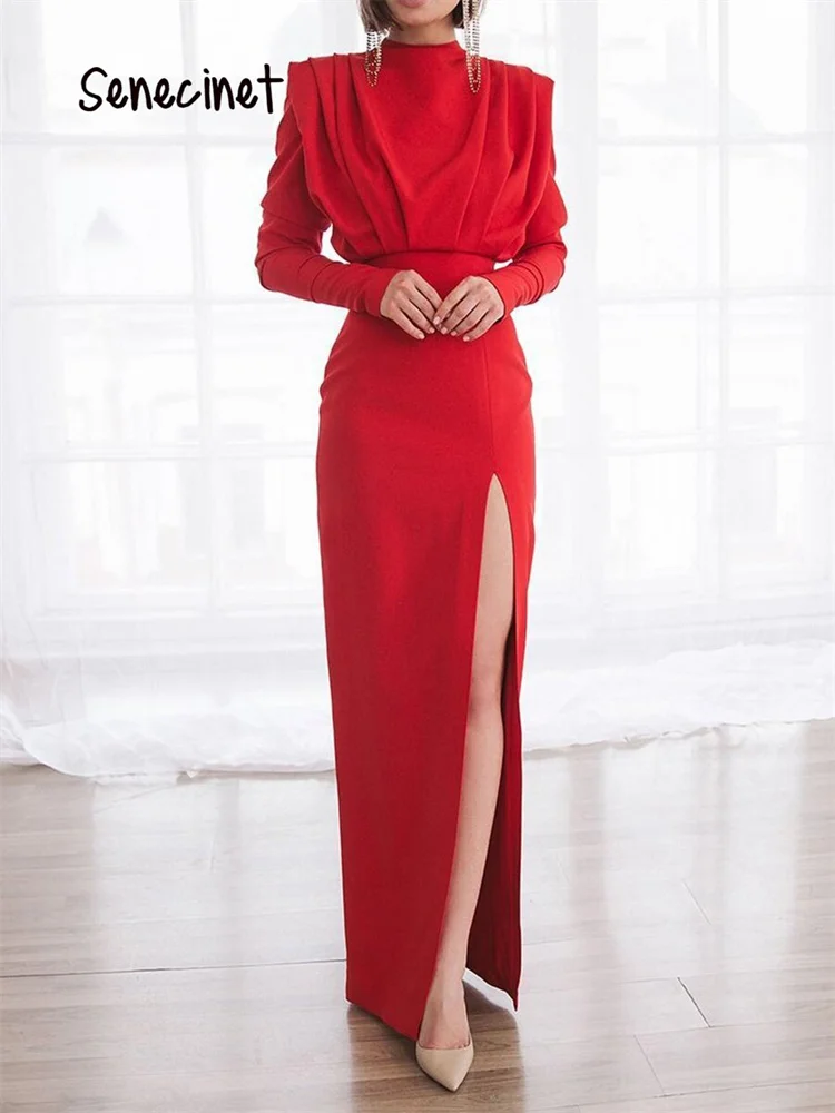 

Senecinet Women Sexy High Split Long Dress Design Long Sleeve Backless Slim Party Dresses Autumn Elegant Fashion Maxi Dress 2022