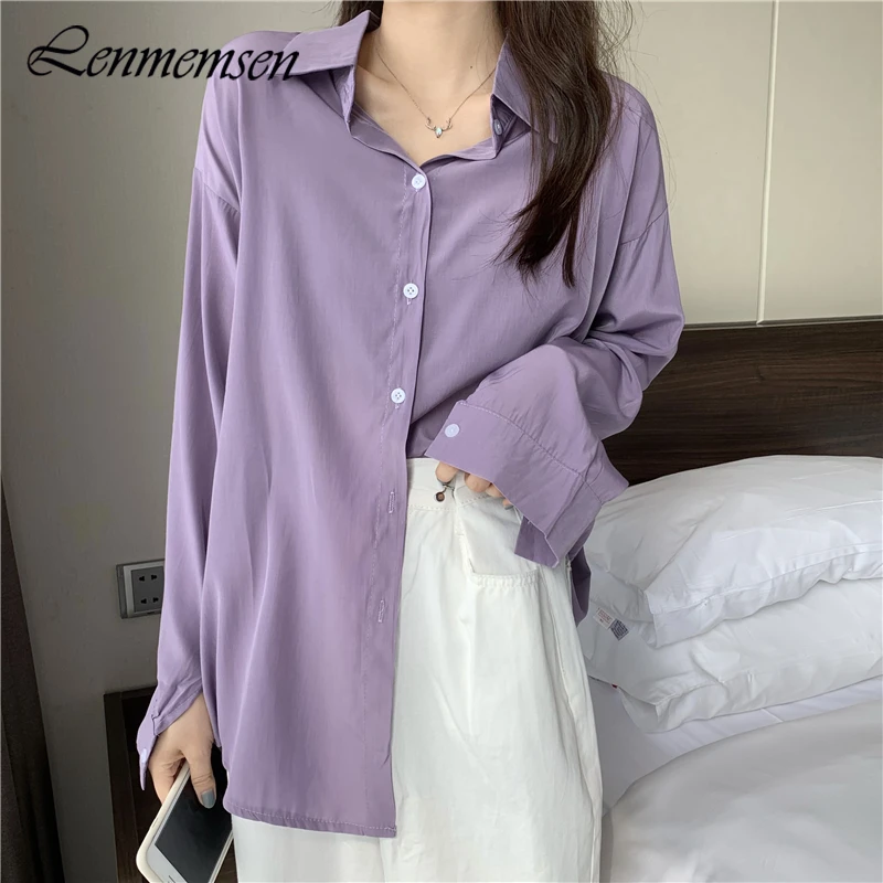 

Lenmemsen Trendy Long Sleeve Blouse Women Spring Simple Loose Solid Lapel Button Up Shirts Female Casual Purple Tops
