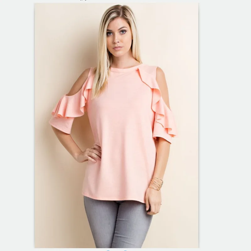 

Pure color short -sleeved loose petals sleeve leaky shoulder T -shirt