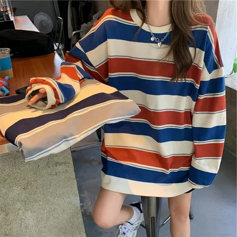 autumn Hoodies Striped Oversized Sweatshirt Women Harajuku Pullovers Korean Fashion Couples Matching Long Sleeve Tops Streetwear