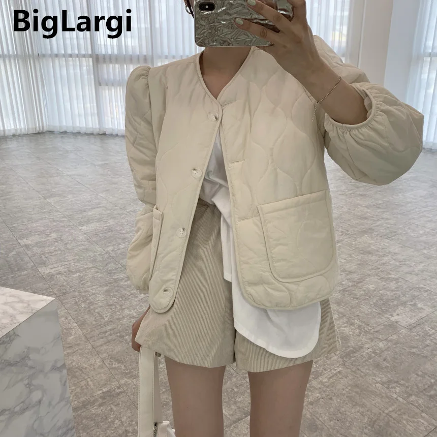 2022 New Elegant Solid Short Jacket Women Korean Style Autumn Winter Parkas Loose Casual V-neck Basic Coat Female