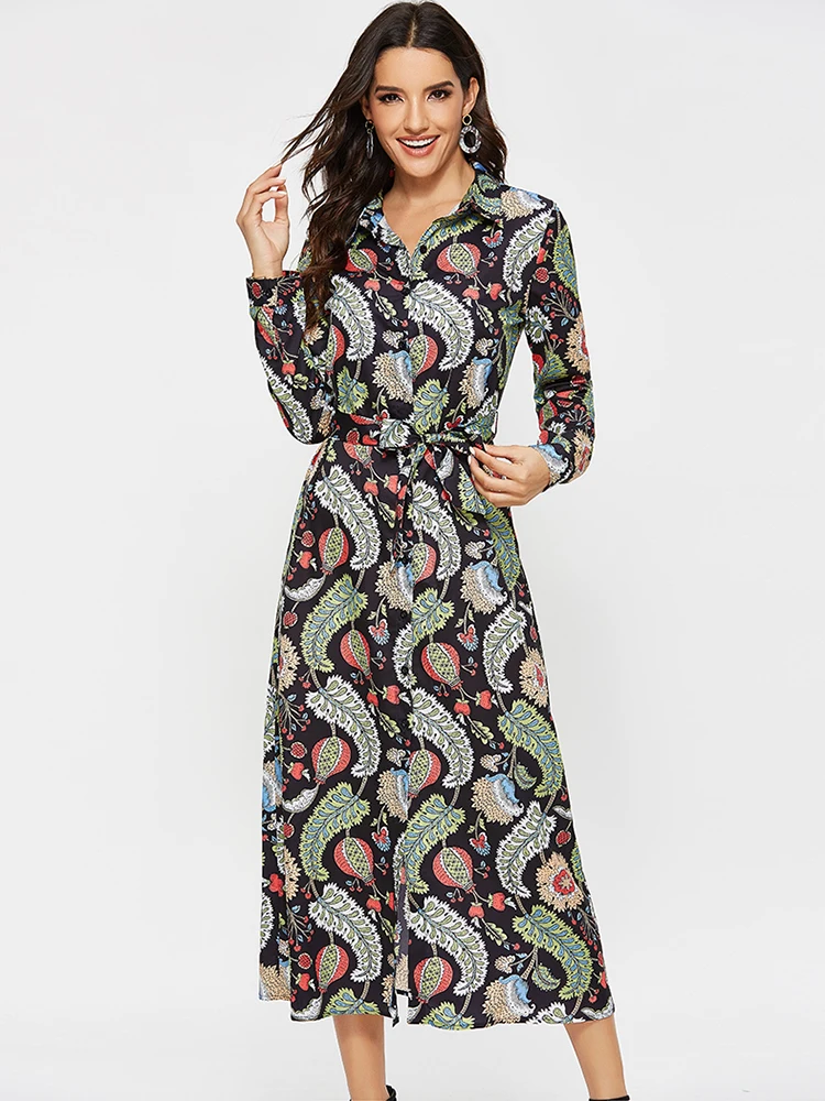 

Aachoae Long Floral Print Shirt Dress Women 2021 Long Sleeve Ladies Bandage Dresses Turn Down Collar Casual Office Button Dress