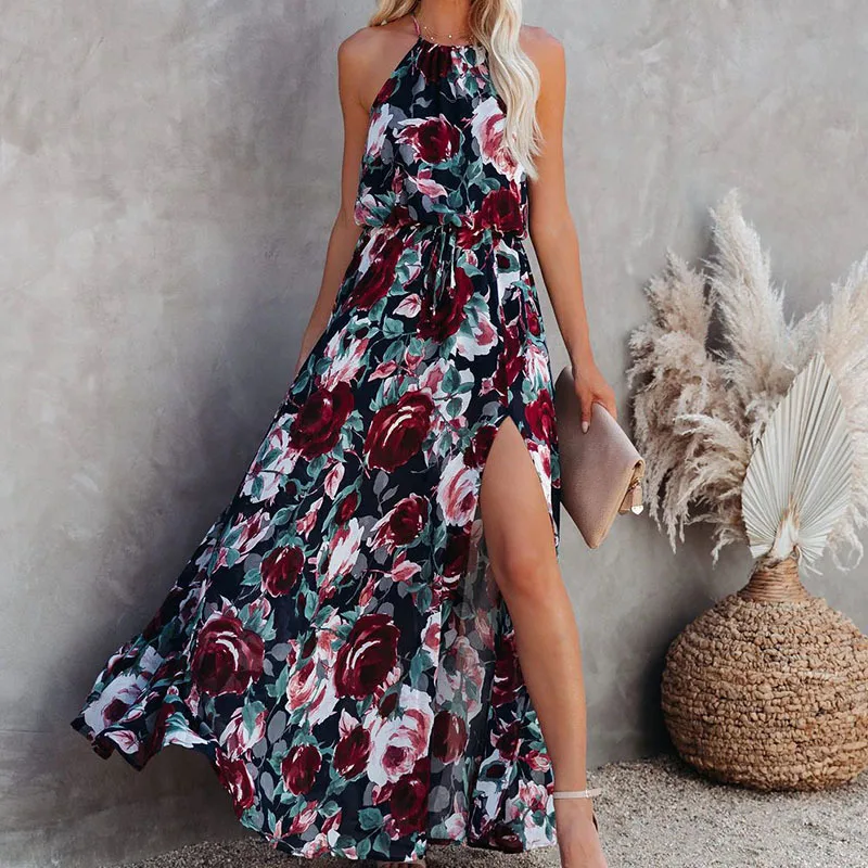 

Women's Spring/Summer New Chiffon Long Dress Flower Hanging Neck Large Swing Dress Beach Dress High Split Sexy