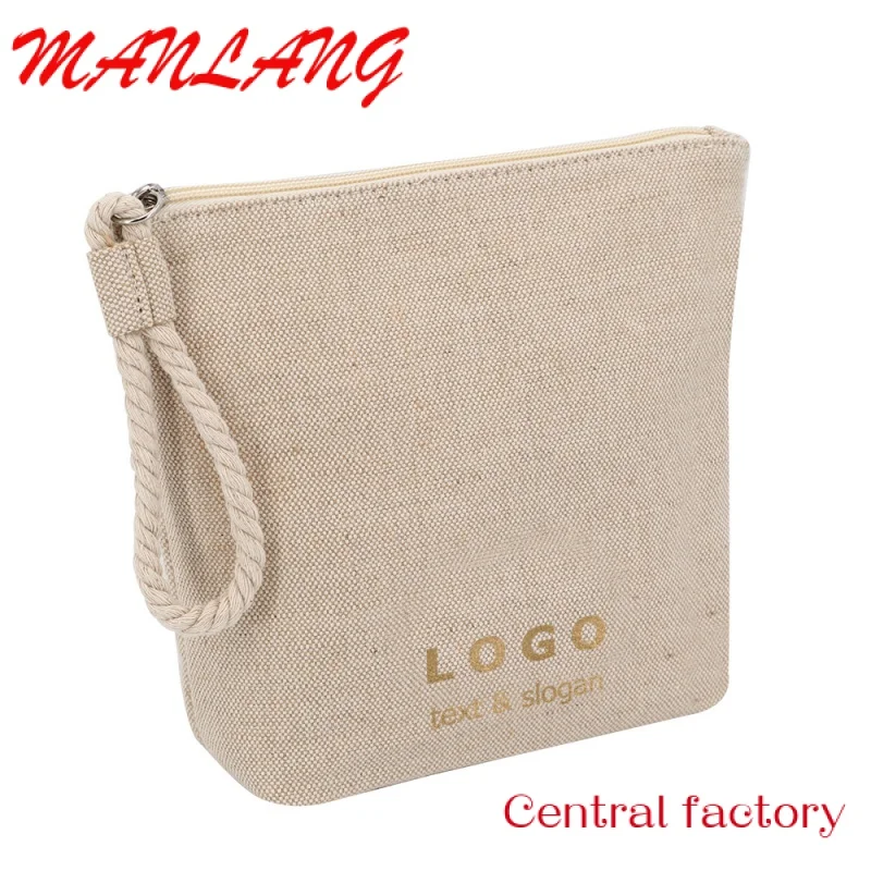 

Custom Natural Bowl Shape Cotton Jute Canvas Makeup Skin Care Toiletry Bag with Cotton Rope Wrist Strip Logo Custom Professiona