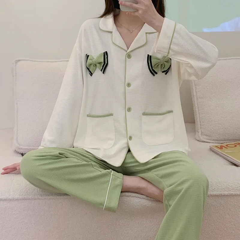 Pajamas Women Spring and Autumn Style 2023 New Long-sleeved Cotton Waffle Large Size Cute Home Set Suit with Turn-over Collar