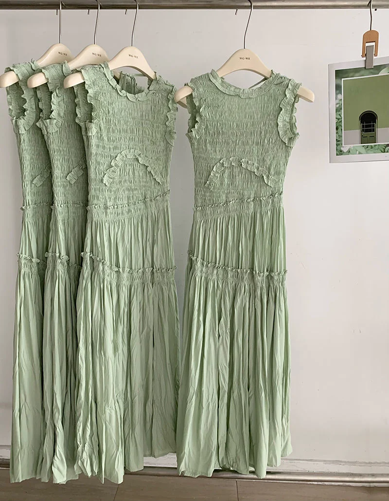 

Shirred Waist Frill Trim Vest Dress Green Women's 2022 Summer New Slim Long Dress