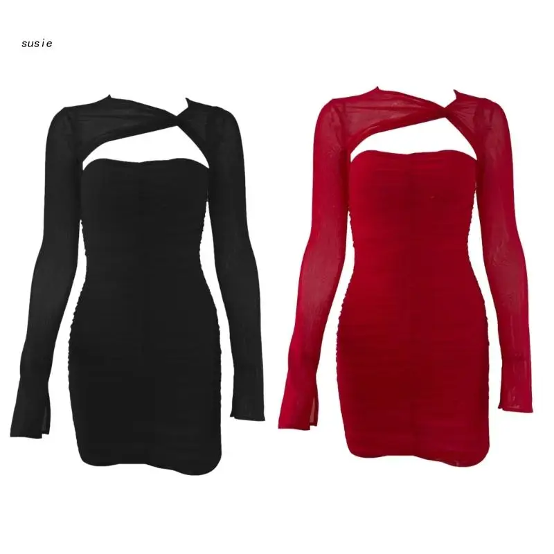 

Women Mesh Long Sleeve Hollow Out Front Solid Color Cocktail Party Ruched Dress