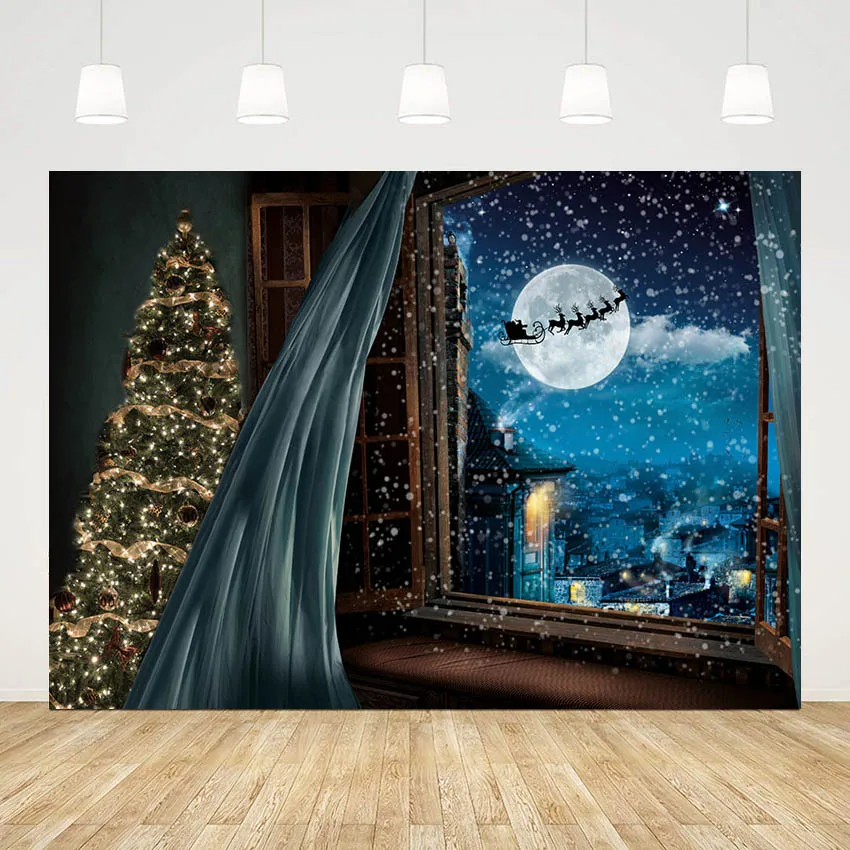 

Рождественский Декор Mehofond, Фотофон с окном, луной, Ночной пейзаж, Рождественская елка, Декор, фон для детской фотостудии