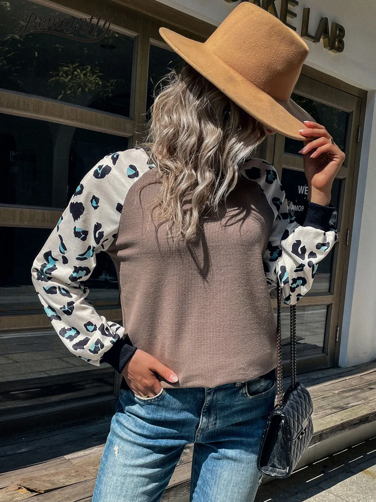 

Benuynffy O-Neck Colorblock Leopard Raglan Sleeve Sweatshirt Women 2022 New Spring Fall Knit Pullovers Casual Woman Sweatshirts