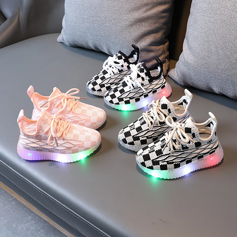 

Spring and Autumn children's shoes LED bright light knitted running shoes breathable luminous sneakers