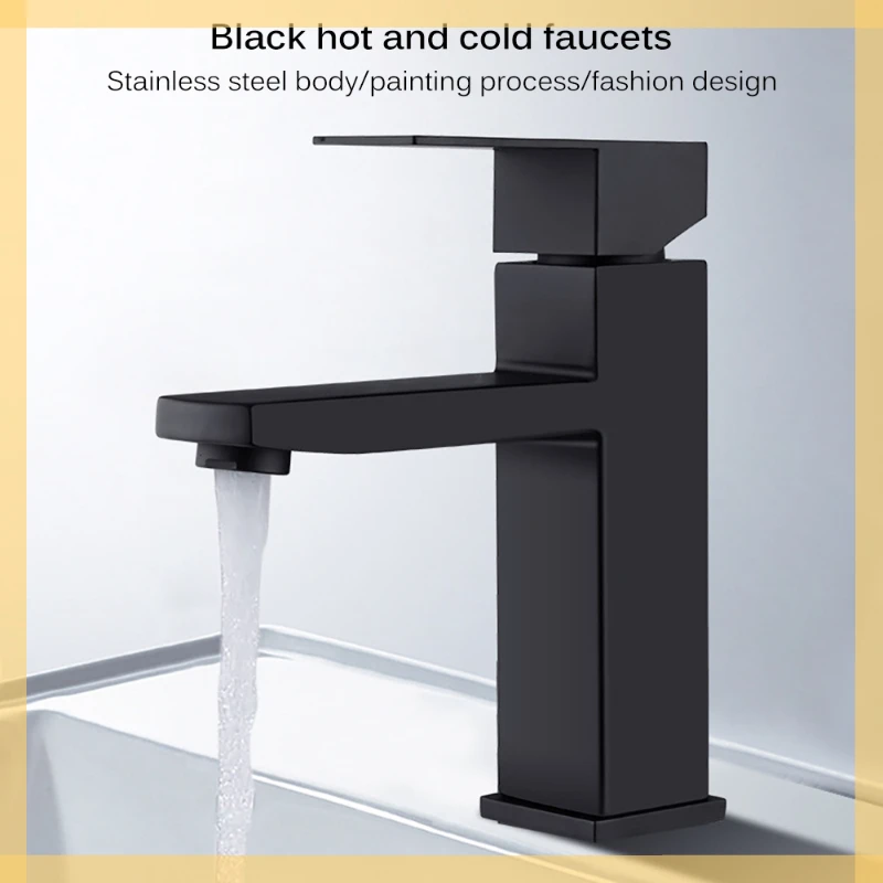 

Basin Faucet Stainless Steel Fashion Black Copper Bottom Square Single Hole Baking Paint Cold Hot Sink Taps