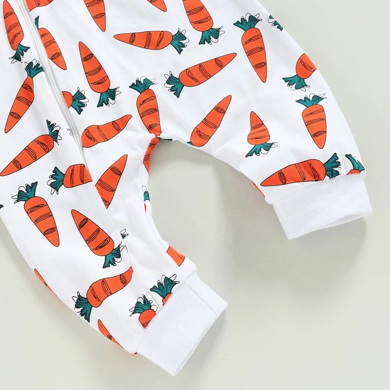 Newborn Baby Boys Girls Lovely Easter Romper, Long Sleeve Zip Front Carrot Print Hooded Bunny Jumpsuit 0-18Months images - 6