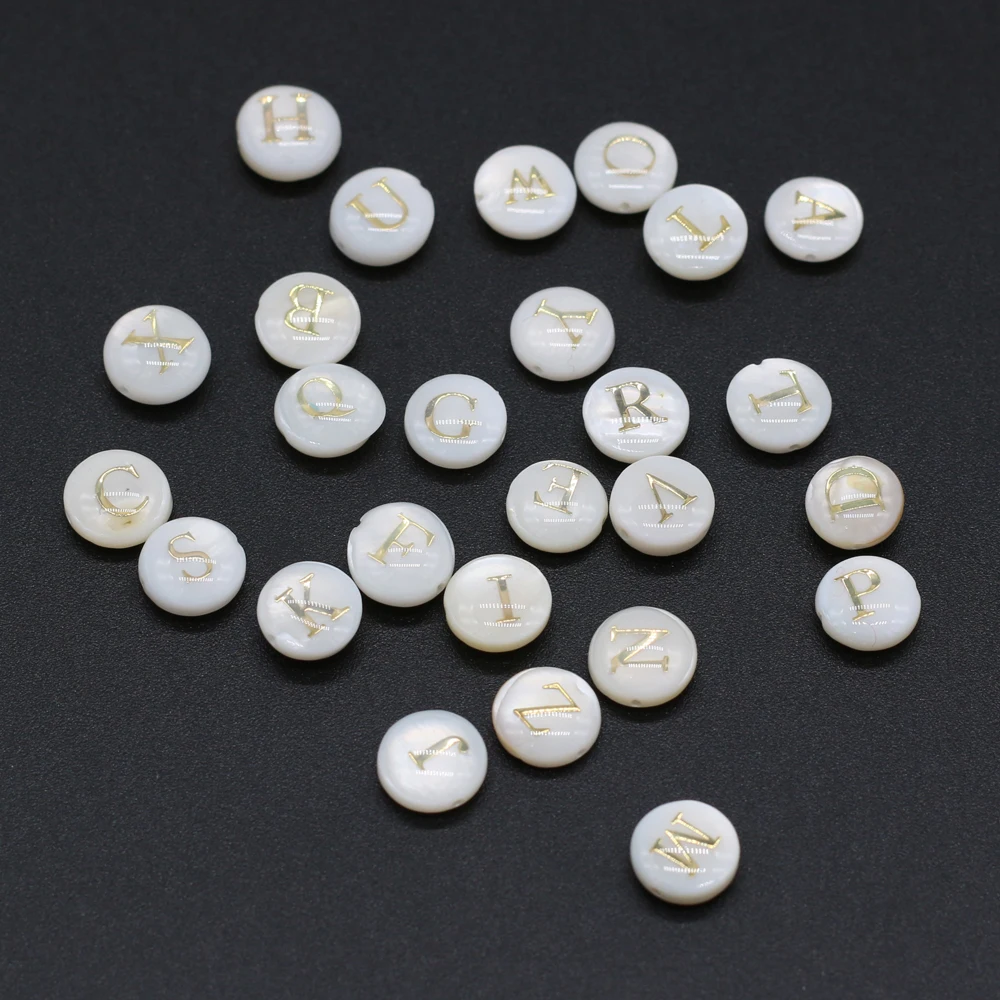 50 PCS Natural Shell Round Name Letter Holes Beads 8x8mm for DIY Jewelry Making Necklace Bracelet Gift Accessories Gift
