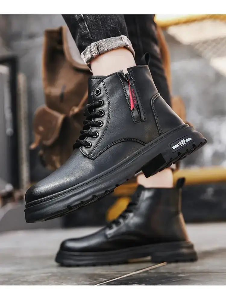 

Мужские повседневные кожаные ботинки, Черные Водонепроницаемые рабочие ботинки на толстой подошве, с высоким берцем и плюшевой подкладкой, ботильоны на молнии, зима 2023