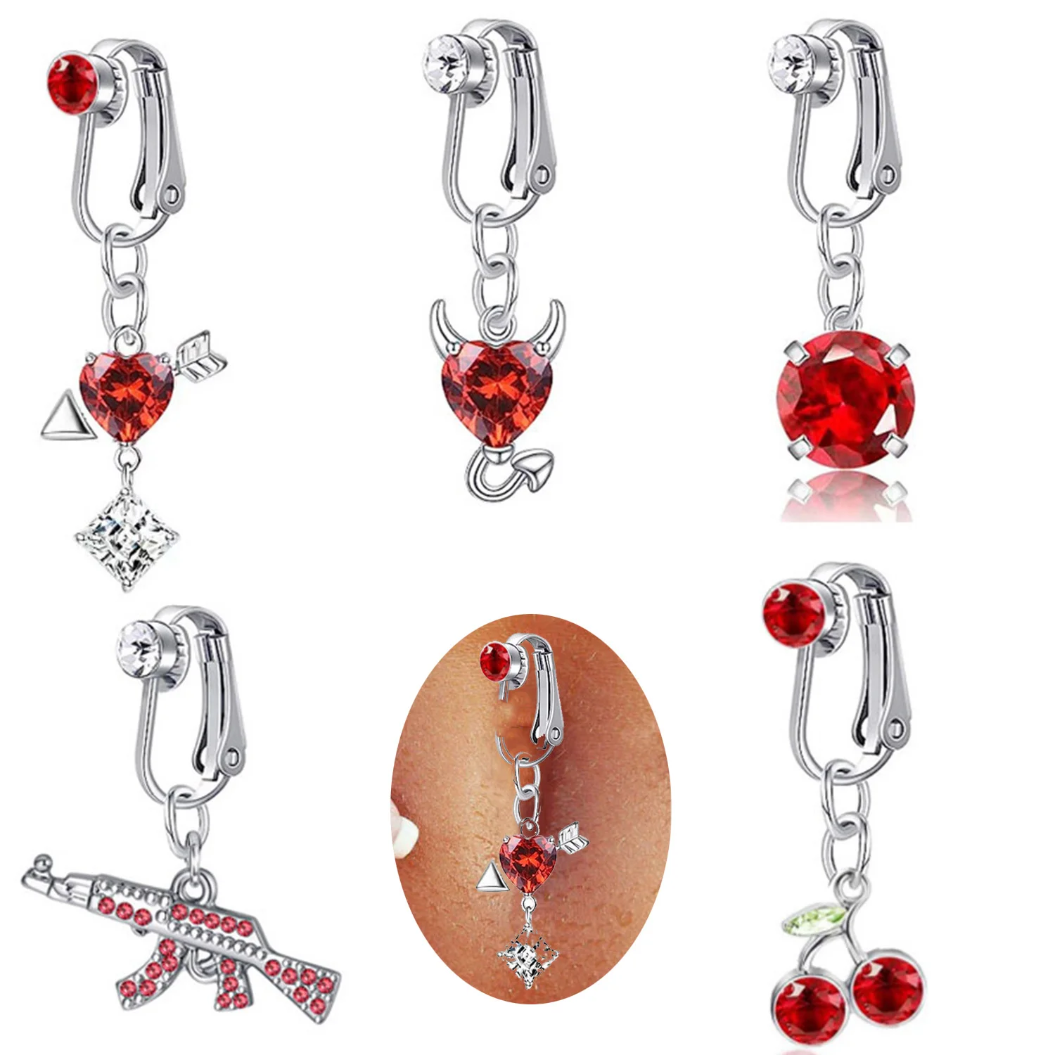 Faux Fake Belly Devil Fake Belly Piercing Heart Clip On Umbilical Navel Fake Piercing Cherry Red Heart Cartilage Earring Clip