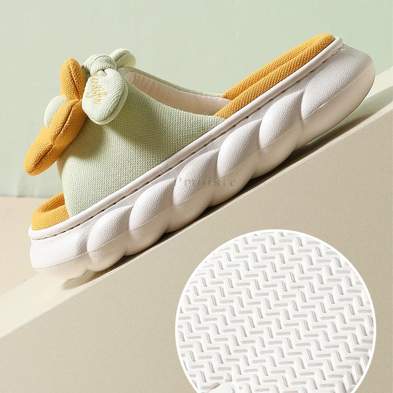 Flowers Butterfly-Knot Design Bedroom Slippers for Women Casual Flat Platform Slippers Cotton FlaxNon-slip Female Indoor Slides