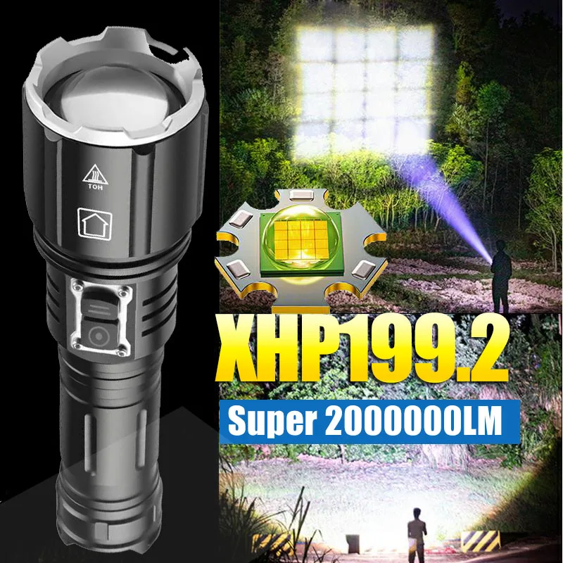 2000000LM Powerful LED Flashlight XHP199.2 Type-C USB Rechargeable Flash Light 5Modes Zoom Torch Tactial Flash Lantern Use 26650