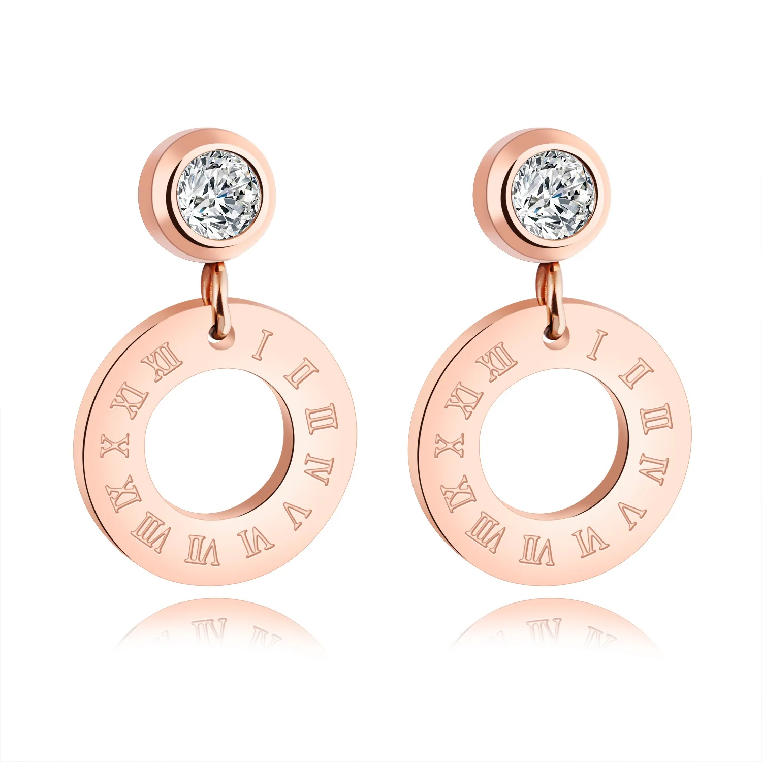 

Korean Version of Titanium Steel Plated Rose Gold Roman Numerals Cutout Round Single Diamond Stud Earrings