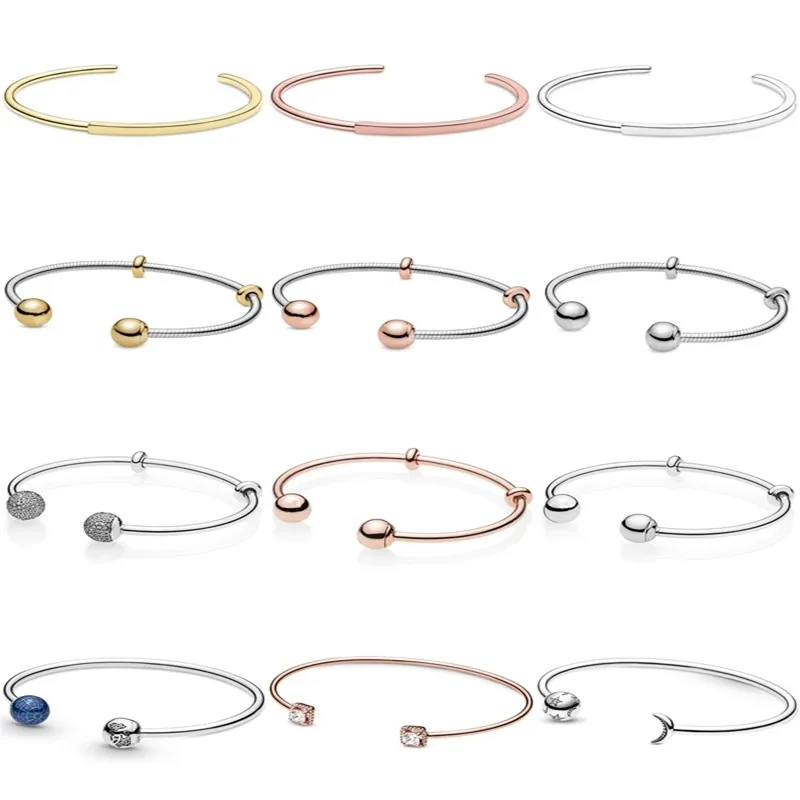 Authentic 925 Sterling Silver Rose Gold Moments Snake Chain Style Open Bracelet Bangle Fit Women Bead Charm Diy Fashion Jewelry