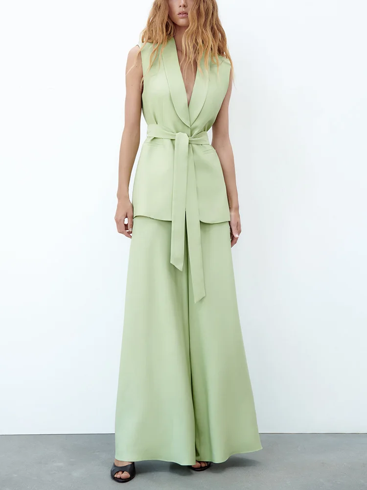 

Office Elegant Pants Two Piece Sets Womens Outfits Shawl Collar Tie Belt Waistcoat And Wide Leg Trousers Co Ord Matching Set