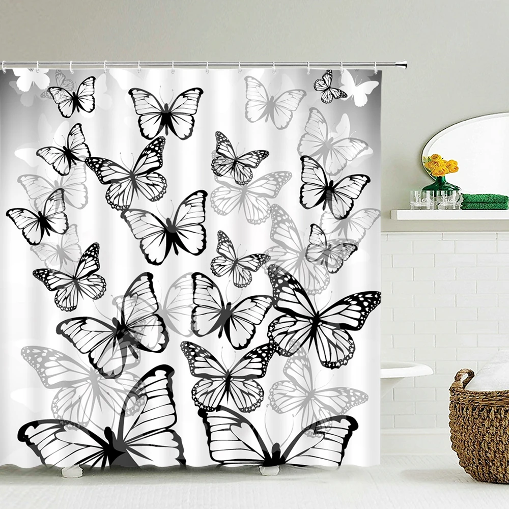 

Занавеска для душа с рисунком бабочек, занавеска для ванной комнаты, водонепроницаемая тканевая штора с 3D принтом цветов, домашний декор