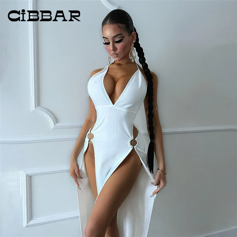 

CIBBAR Backless Halter Slits Midi Dresses Summer Vacation Beach Sundress Sexy Deep V Cleavage Hollow Out White Dress Elegant Sim
