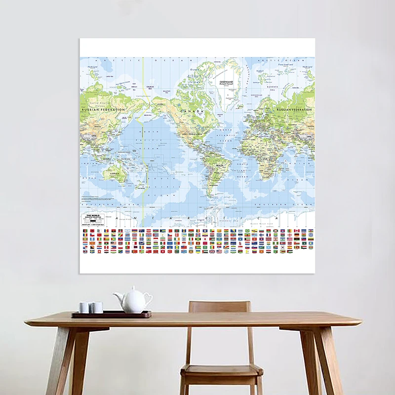 

Нетканый холст 90x90 см, Карта мира с национальным флагом, постер для рисования, Настенная картина, школьные и офисные принадлежности